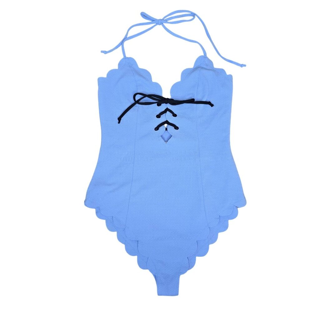 Marysia Womens Scalloped One-Piece Swimsuit With Lace-Up Detail sz L Light Blue